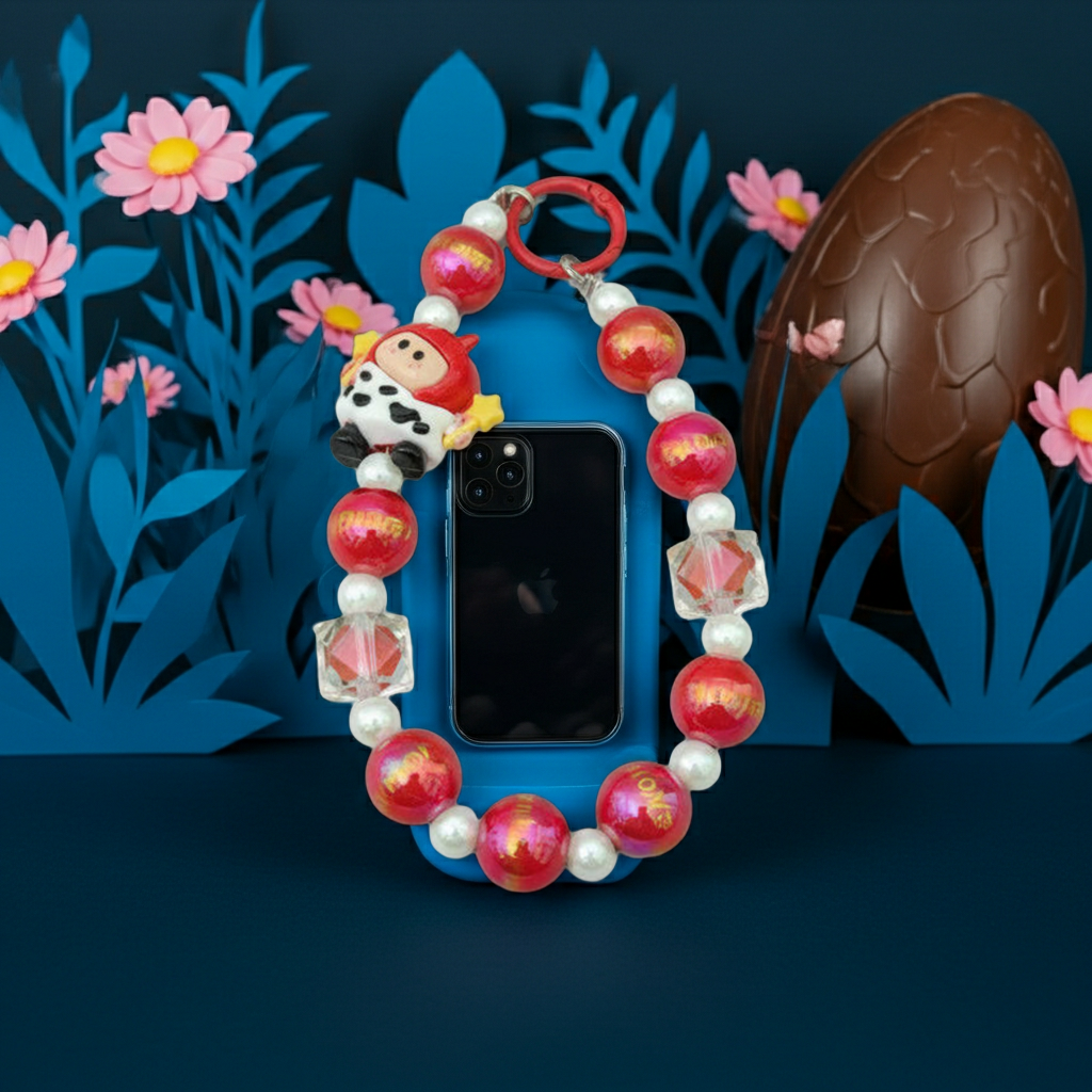 Kawaii Red Cow Beaded Phone Charm – Iridescent Acrylic Wrist Strap & Keychain – Cute Animal Lanyard Accessory for Women & Girls