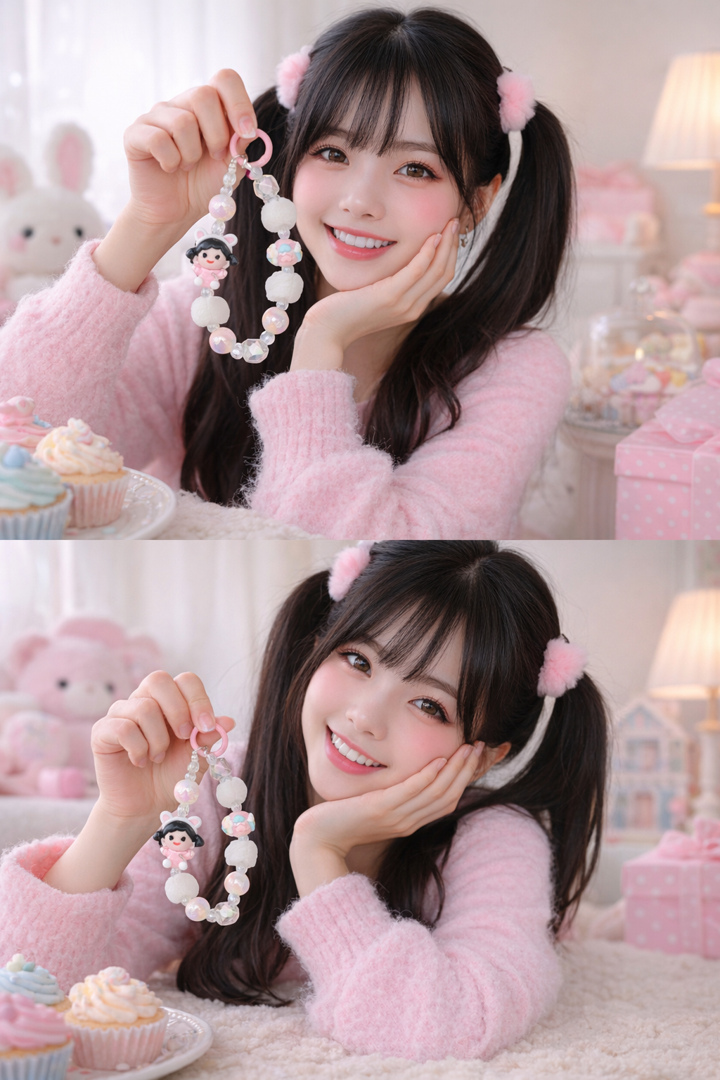 Kawaii Pink Bunny Girl Phone Charm – White Plush Pom-Pom Beaded Wrist Strap – Aesthetic Coquette Keychain & Soft Girl Lanyard for Women