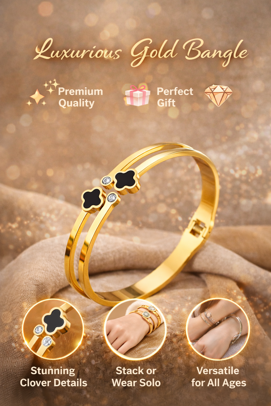 Gold Double Layer Black Clover Crystal Bangle Bracelet