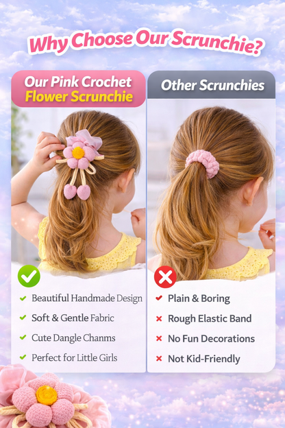 Pink Crochet Flower Scrunchie with Dangle Charms