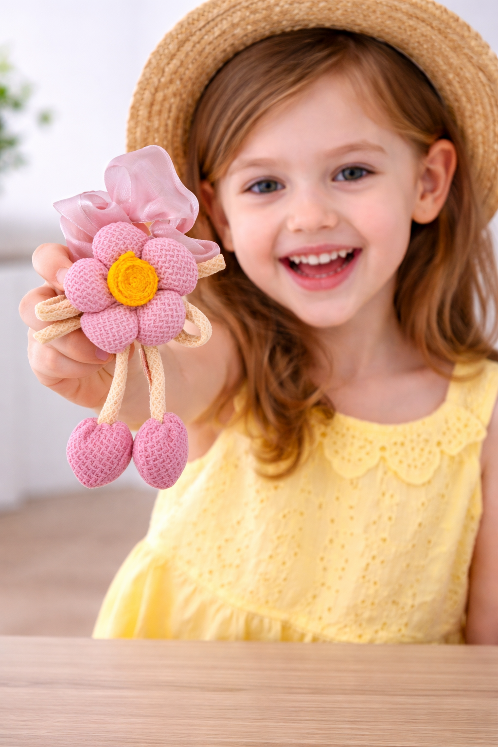 Pink Crochet Flower Scrunchie with Dangle Charms