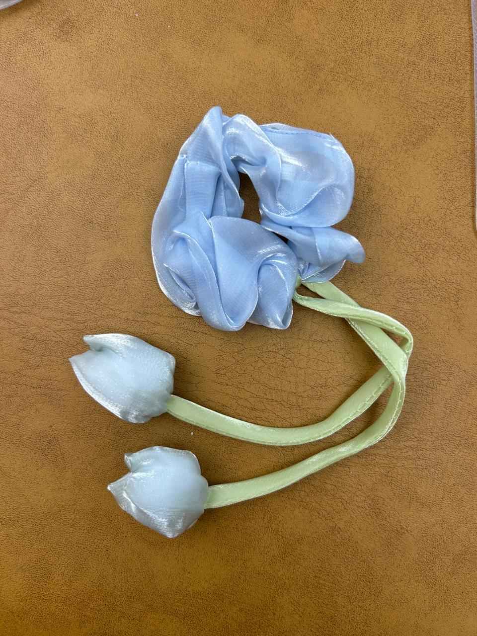 Dreamy Light Blue Organza Scrunchie with Pale Blue Tulip Dangles