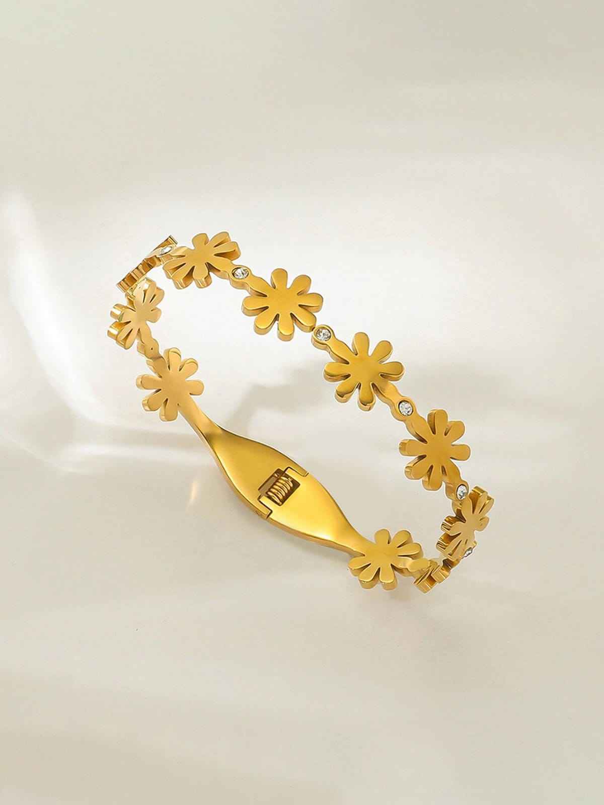 Gold Daisy Flower Bangle with Sparkling Crystal Accents