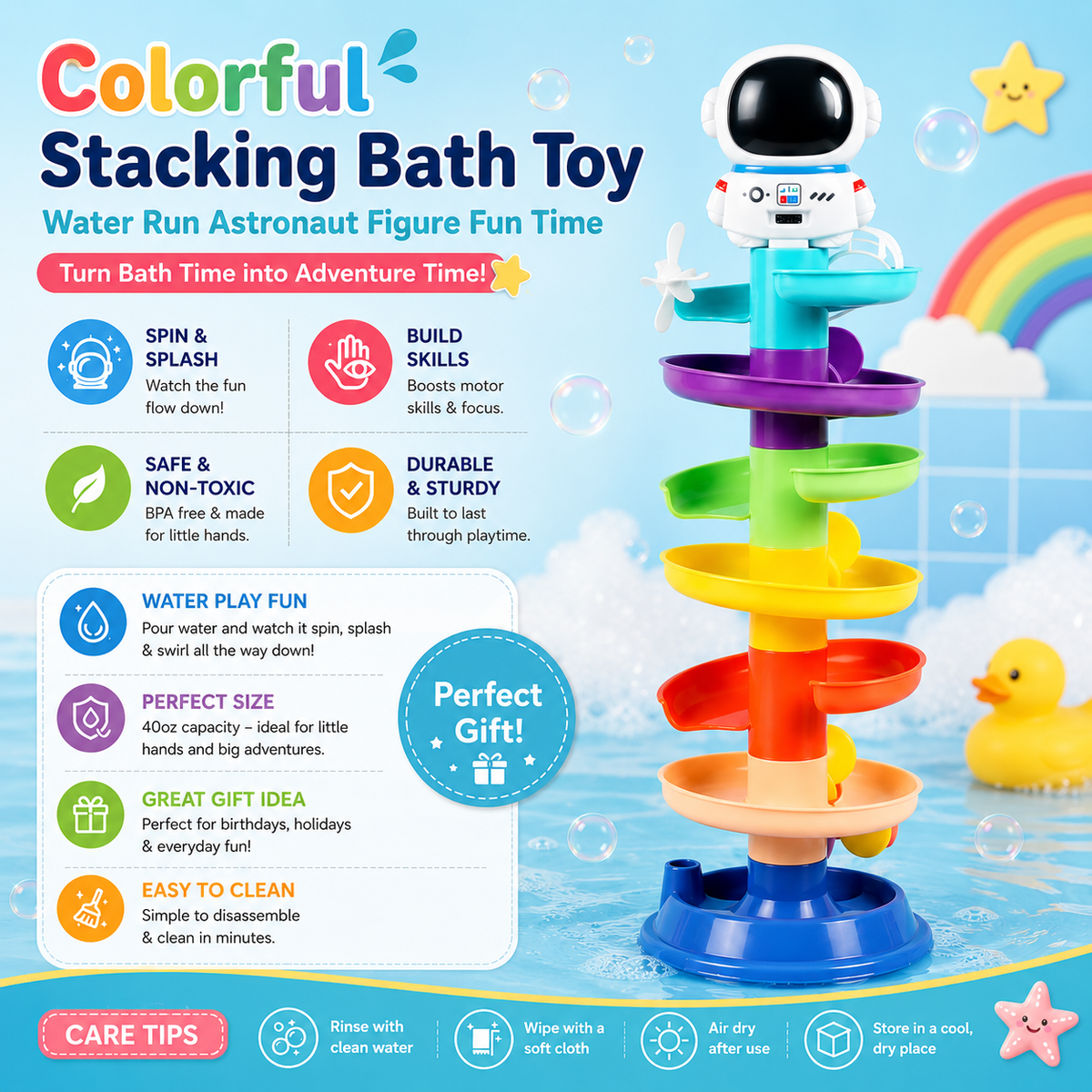 Colorful Stacking Bath Toy Water Run Astronaut Figure Fun Time