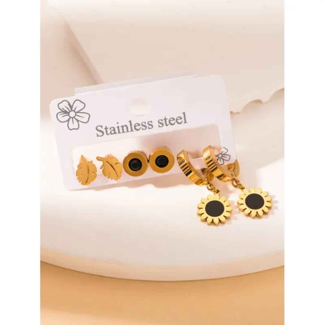3-Pair Stainless Steel Earring Set: Black Sunflower Huggies, Monstera Studs, & Round Studs