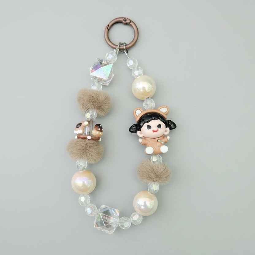 Kawaii Bear Girl Plush Pom-Pom Phone Charm – Coffee Brown Beaded Wrist Strap – Aesthetic Coquette Keychain & Bag Lanyard for Women