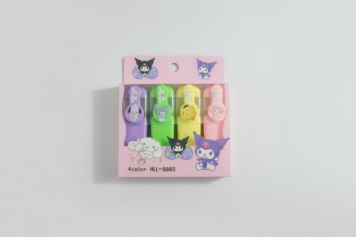 Sanrio Trio Pastel Highlighters – 4-Piece Fluorescent Set featuring Kuromi, Cinnamoroll & My Melody