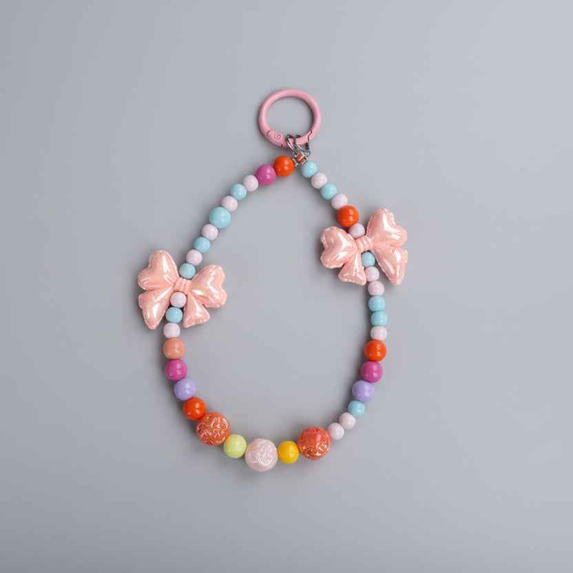 Colorful Beaded Phone Lanyard with Pink Bow Charms