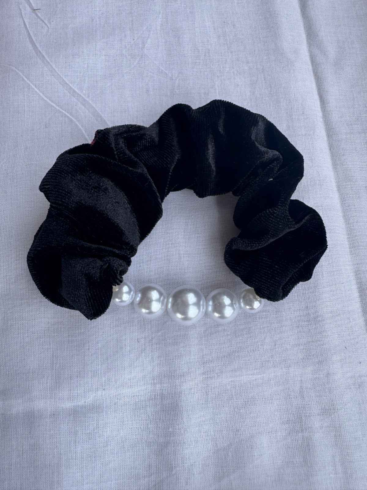 Elegant Black Velvet Scrunchie with Pearl Accents