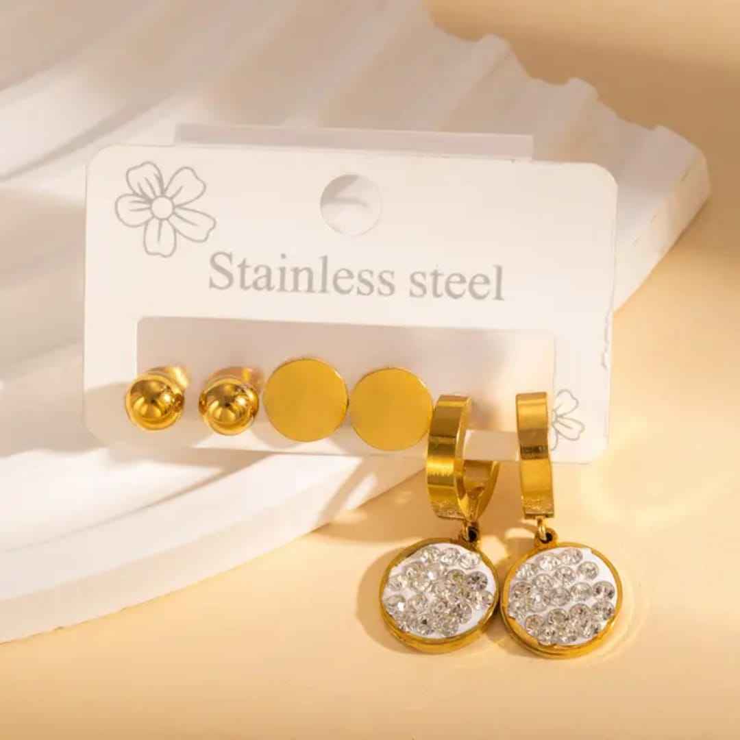 3-Pair Stainless Steel Earring Set: Crystal Heart Huggies, Gold Hearts, & Roman Numeral Studs