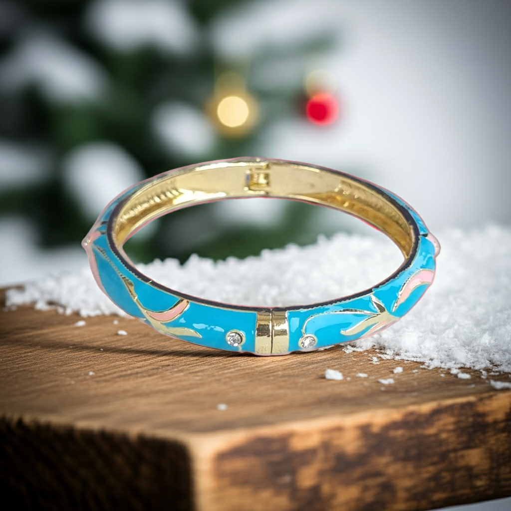 Bright Blue Pink Enamel Bangle Hinge Bracelet