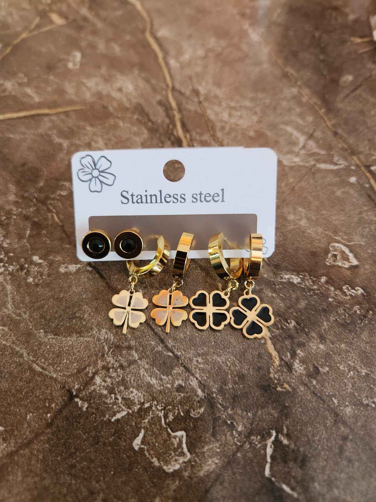 3-Pair Stainless Steel Earring Set: Gold Clover Hoops & Black Round Studs