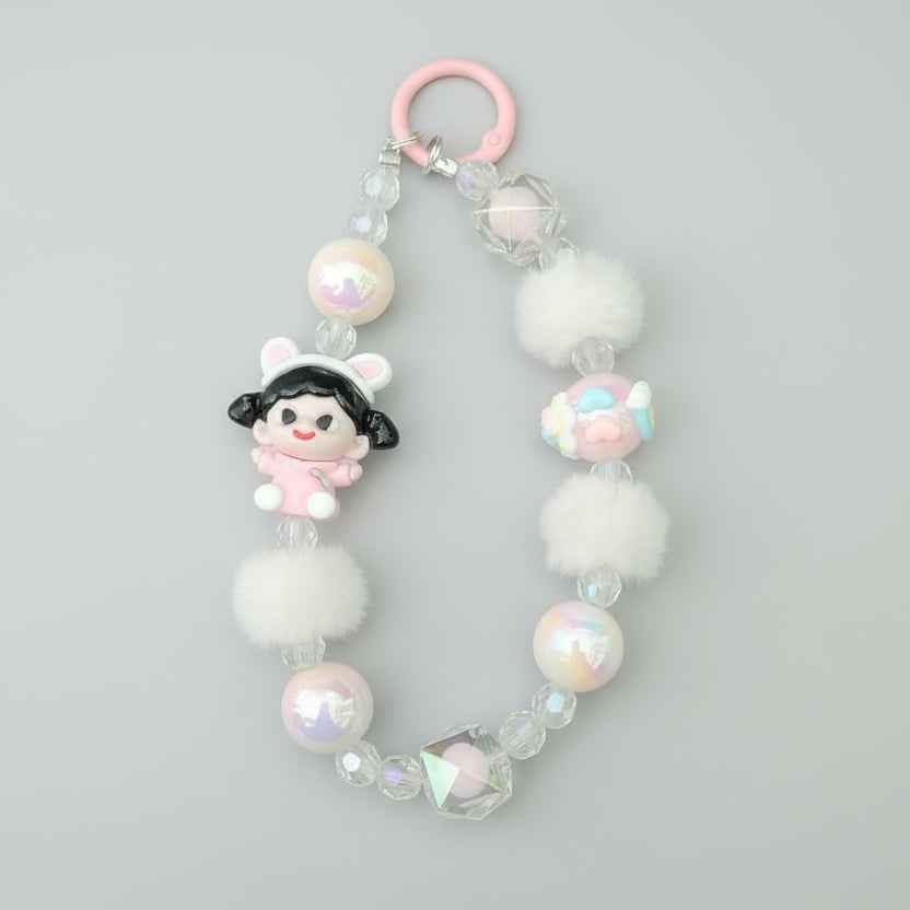 Kawaii Pink Bunny Girl Phone Charm – White Plush Pom-Pom Beaded Wrist Strap – Aesthetic Coquette Keychain & Soft Girl Lanyard for Women