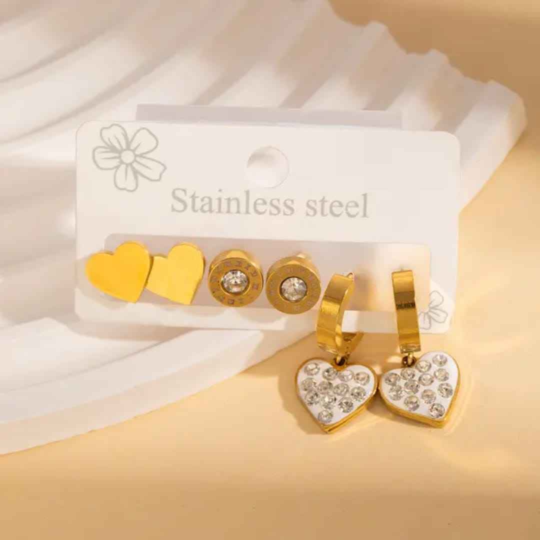 3-Pair Stainless Steel Earring Set: Crystal Heart Huggies, Gold Hearts, & Roman Numeral Studs