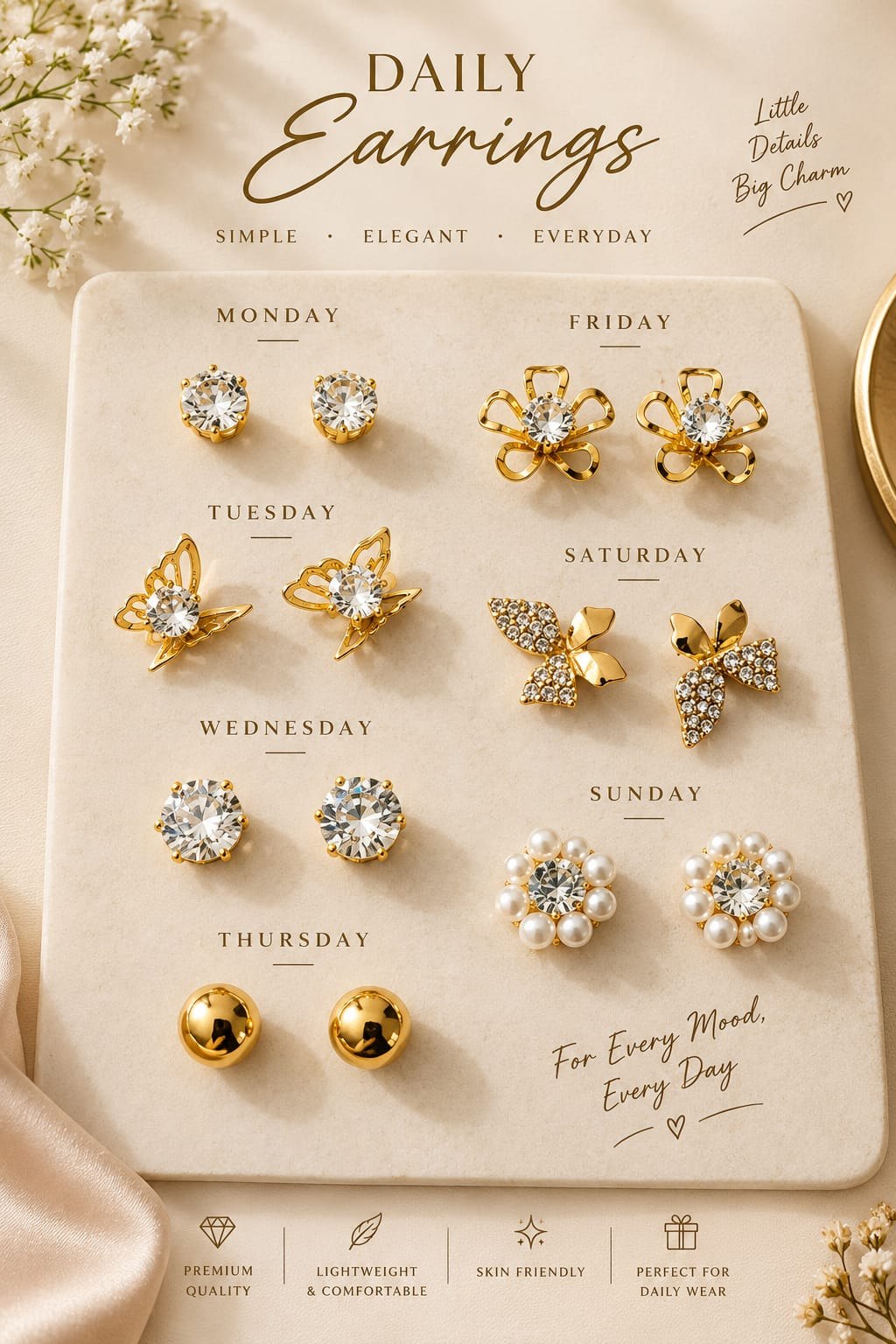 7 Days Daily Wear Stud Earring Set - Crystal, Butterfly, Bee & Pearl Flower Studs