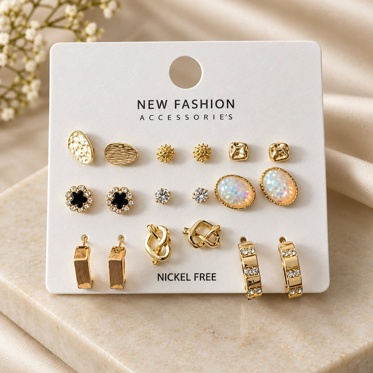 9 Pairs Gold Earring Set - Opal, Black Flower & Knot Studs with Huggie Hoops