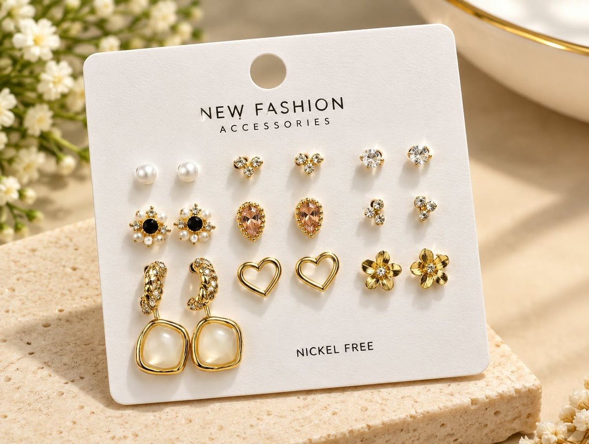 9 Pairs Gold Earring Set - Pearl, Open Heart, Flower & Moonstone Drops