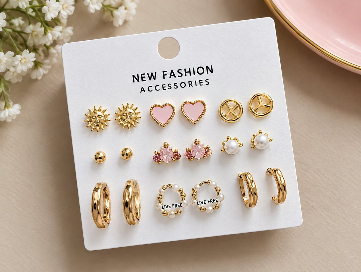9 Pairs Gold Earring Set - Pink Hearts, Sunburst Studs & Hoops