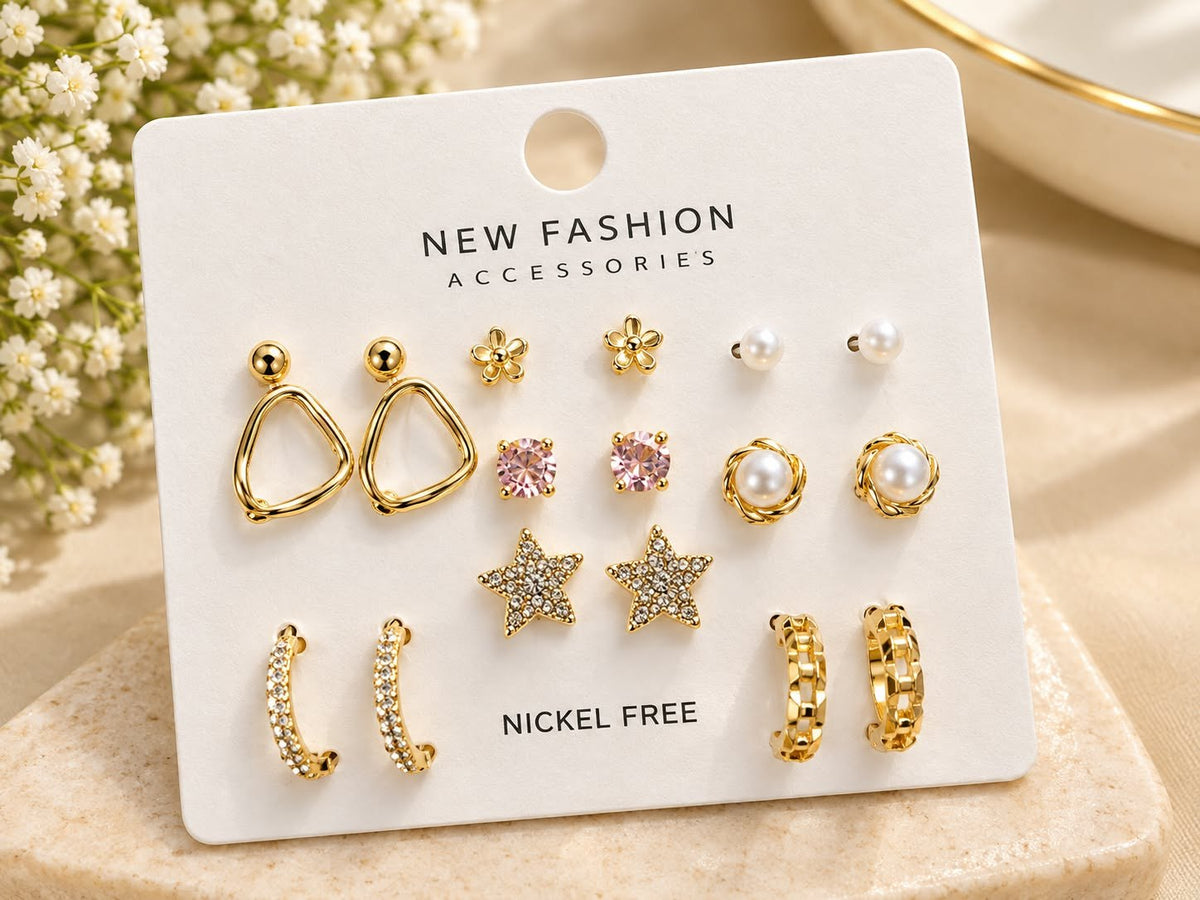 9 Pairs Gold Earring Set - Crystal Stars, Triangle Drops, Pearls & Hoops