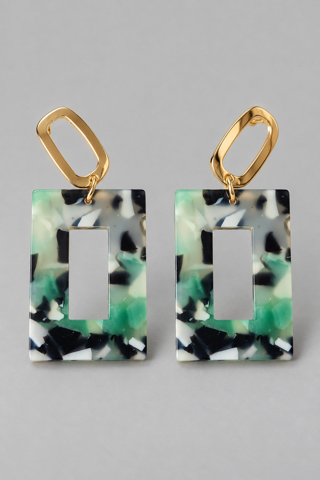 Green & Black Acetate Rectangle Frame Drop Earrings
