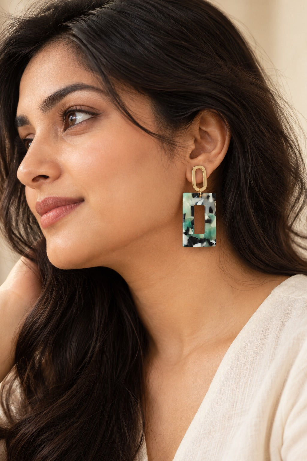 Green & Black Acetate Rectangle Frame Drop Earrings