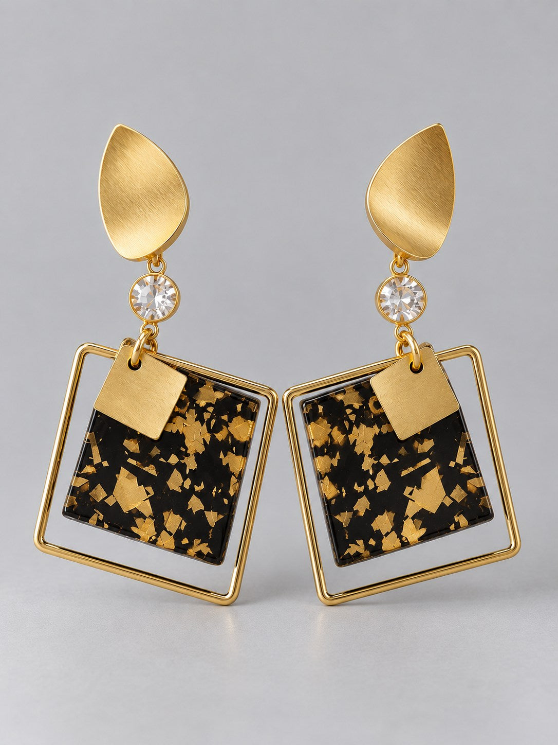 Black Gold-Flake Square Frame Drop Earrings