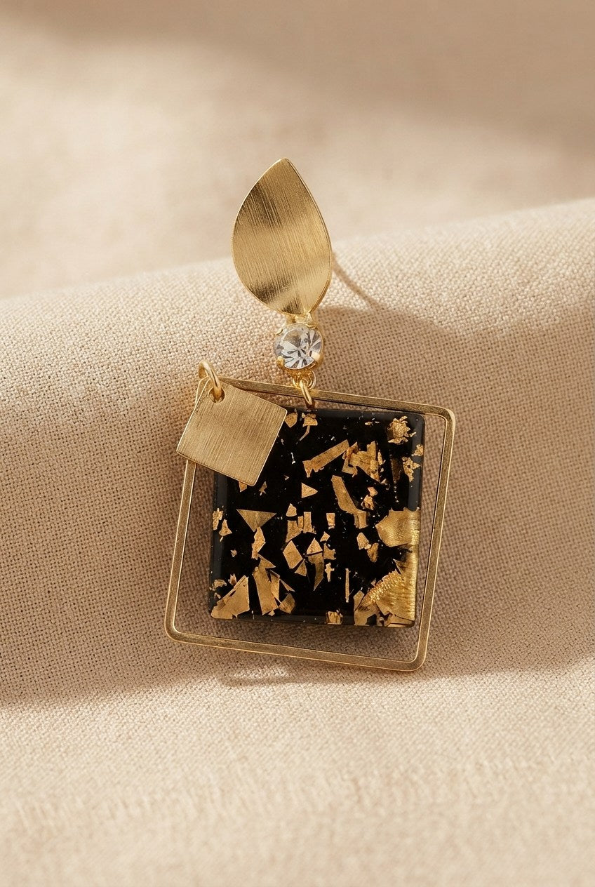 Black Gold-Flake Square Frame Drop Earrings
