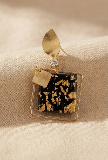 Black Gold-Flake Square Frame Drop Earrings