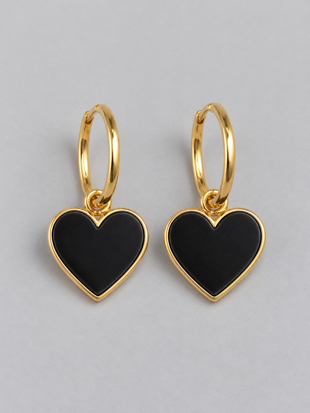 Black Enamel Heart Charm Gold Hoop Earrings