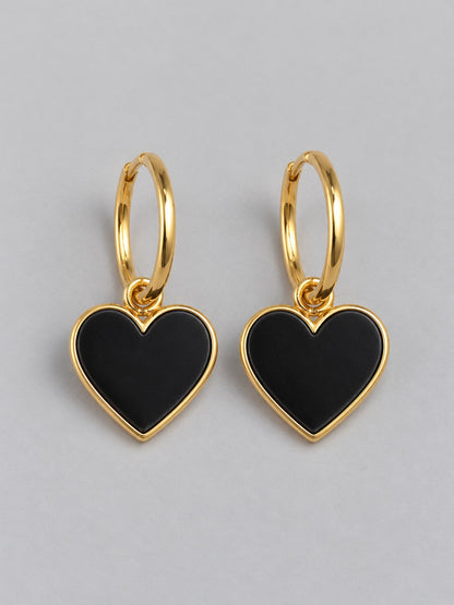 Black Enamel Heart Charm Gold Hoop Earrings