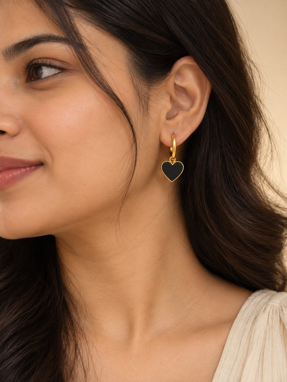 Black Enamel Heart Charm Gold Hoop Earrings
