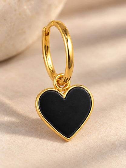 Black Enamel Heart Charm Gold Hoop Earrings