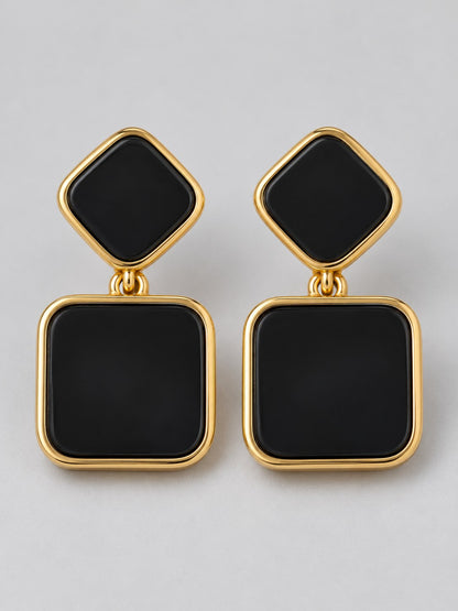 Black Enamel Geometric Square Drop Earrings