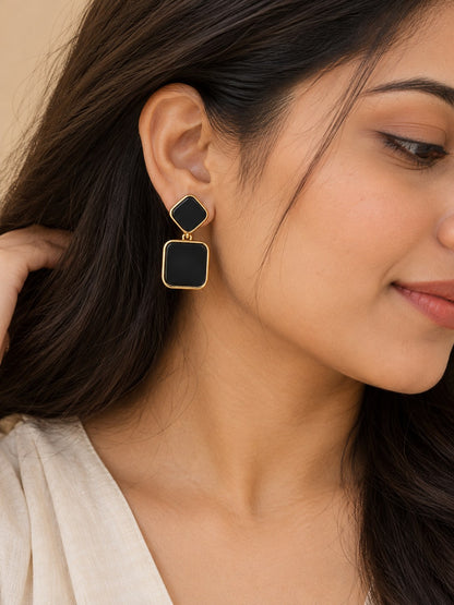 Black Enamel Geometric Square Drop Earrings