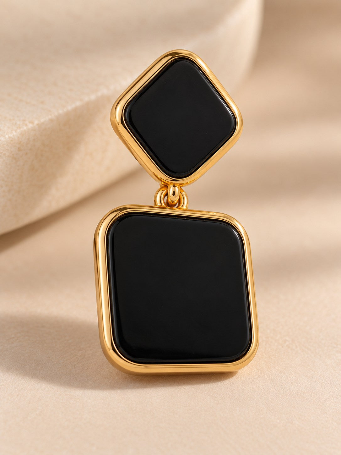 Black Enamel Geometric Square Drop Earrings