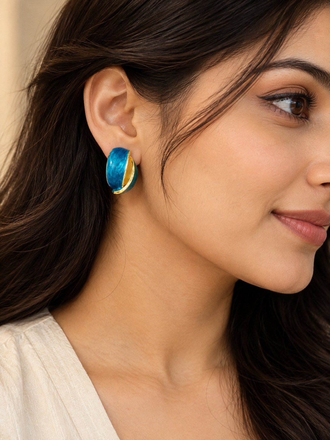 Turquoise Blue Enamel Chunky Half-Hoop Earrings