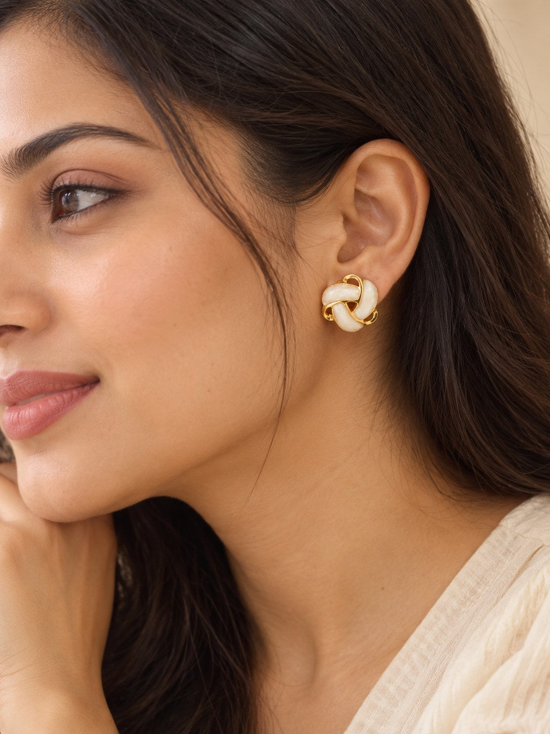 Cream Enamel Love-Knot Stud Earrings