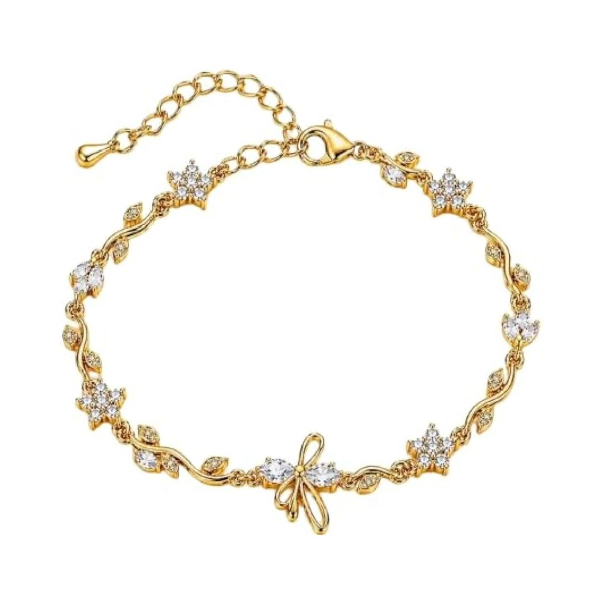 Gold Crystal Flower & Bow Vine Bracelet - Adjustable Chain