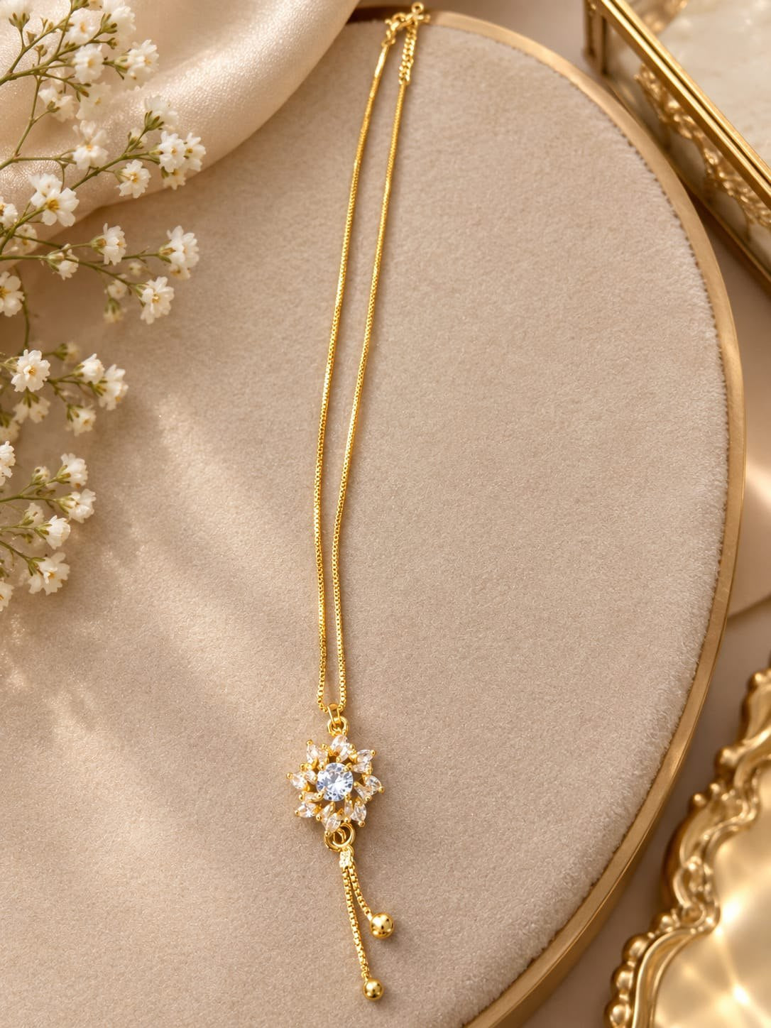 Crystal Flower Drop Pendant Necklace - Minimal Lariat Chain