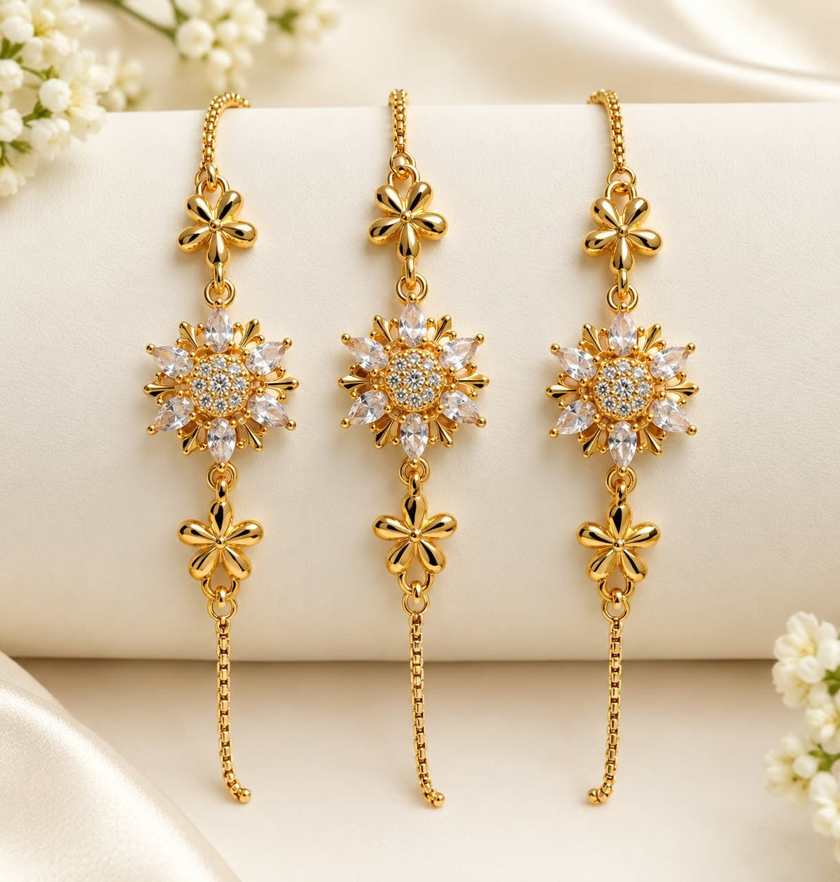 Gold Crystal Flower Rakhi Bracelet - Adjustable Chain
