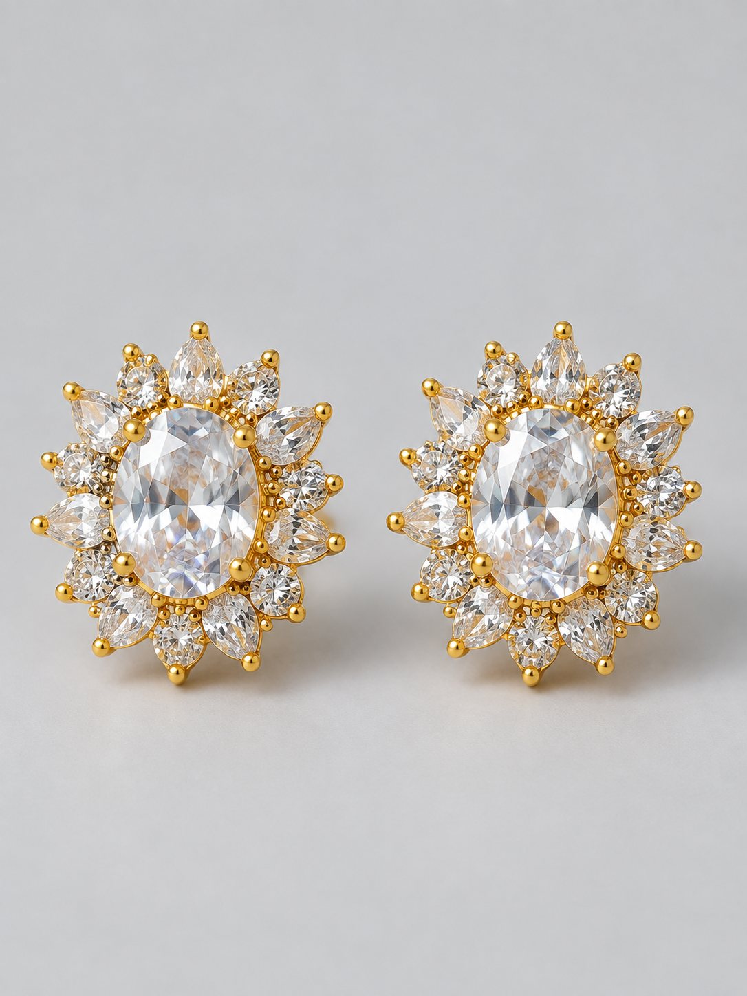Oval Crystal Sunburst Halo Stud Earrings