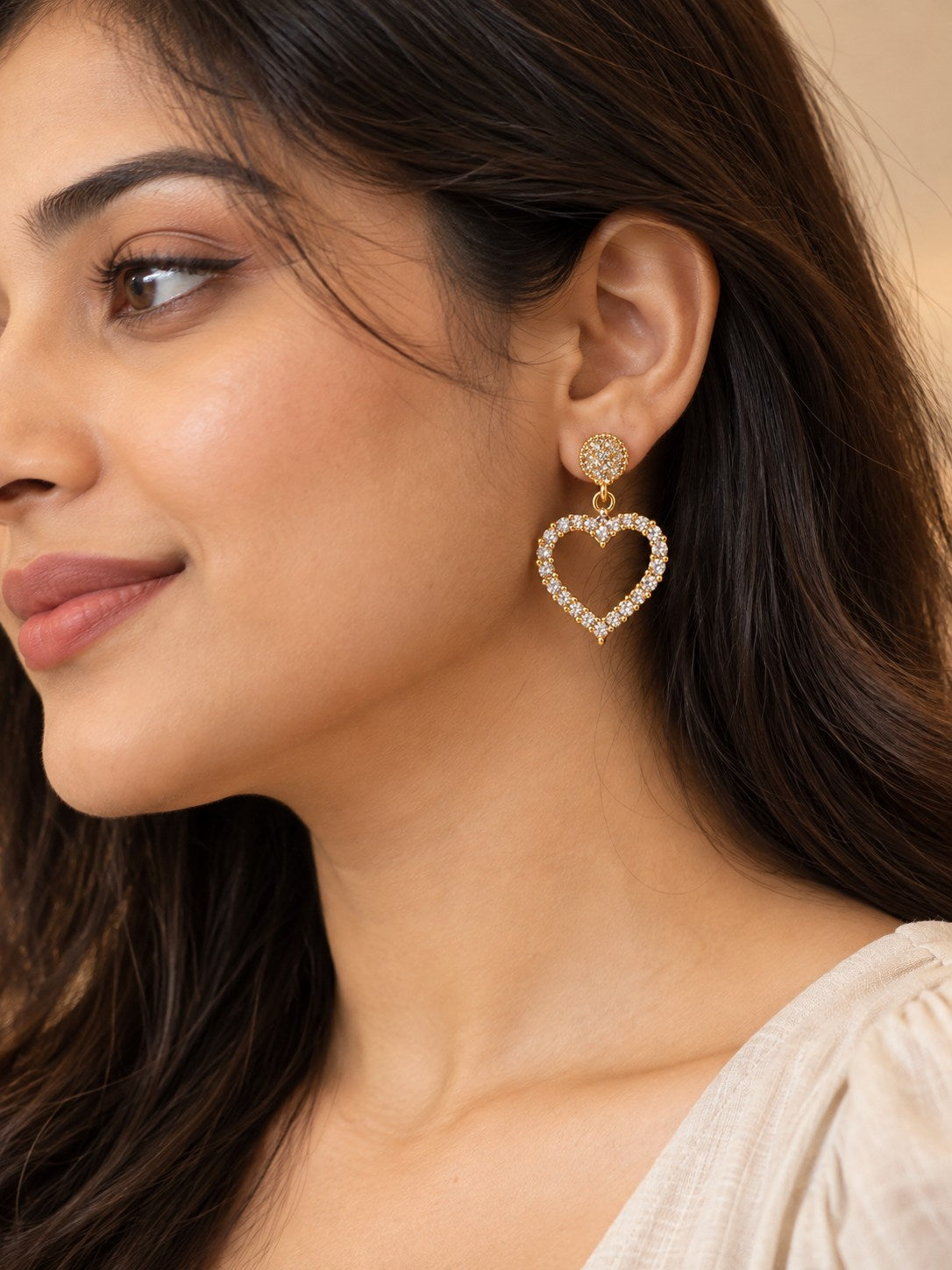 Gold Crystal Open Heart Drop Earrings