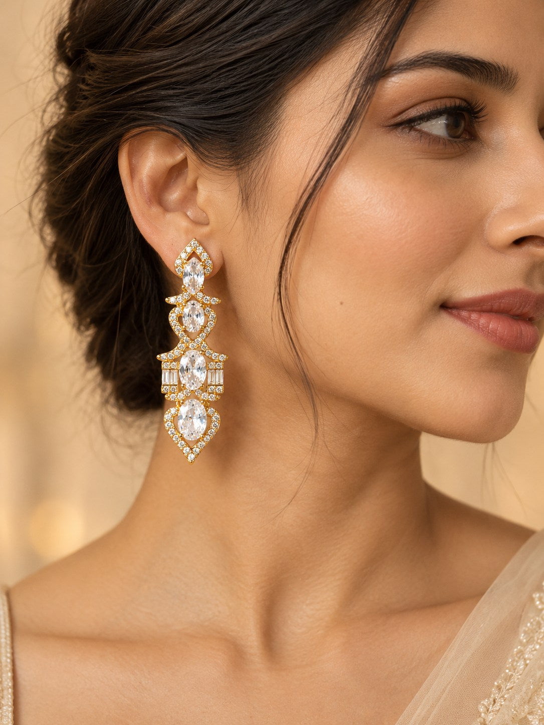 Gold Crystal Long Statement Drop Earrings