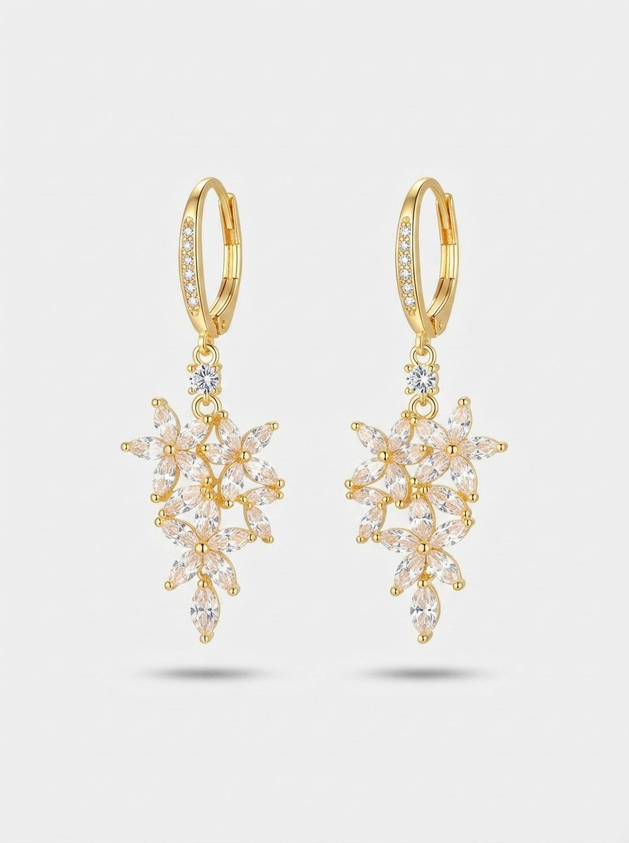 Gold Crystal Flower Cluster Dangle Earrings