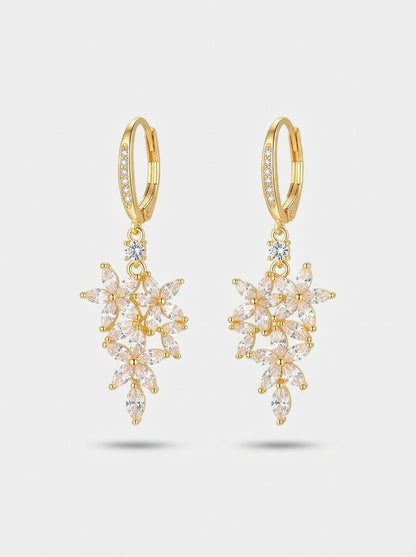 Gold Crystal Flower Cluster Dangle Earrings
