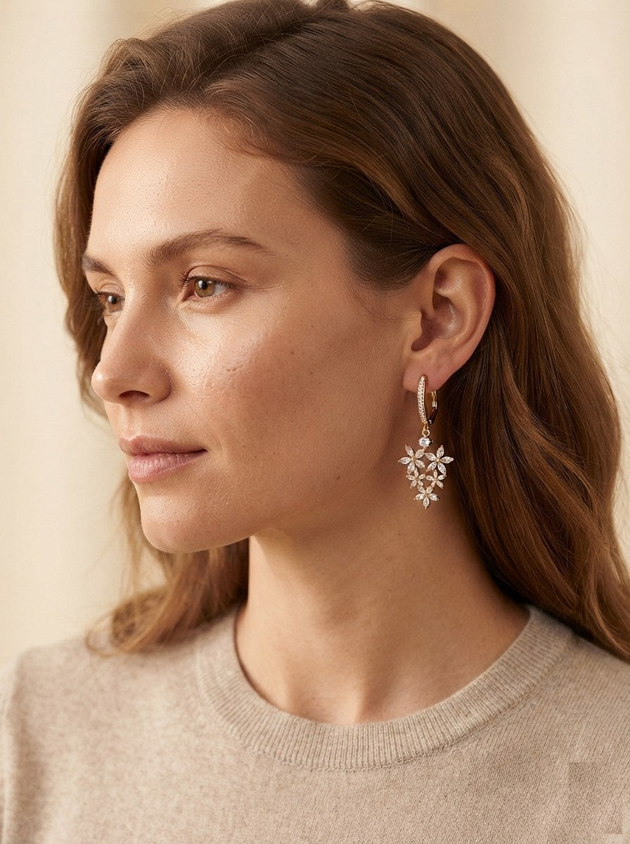 Gold Crystal Flower Cluster Dangle Earrings