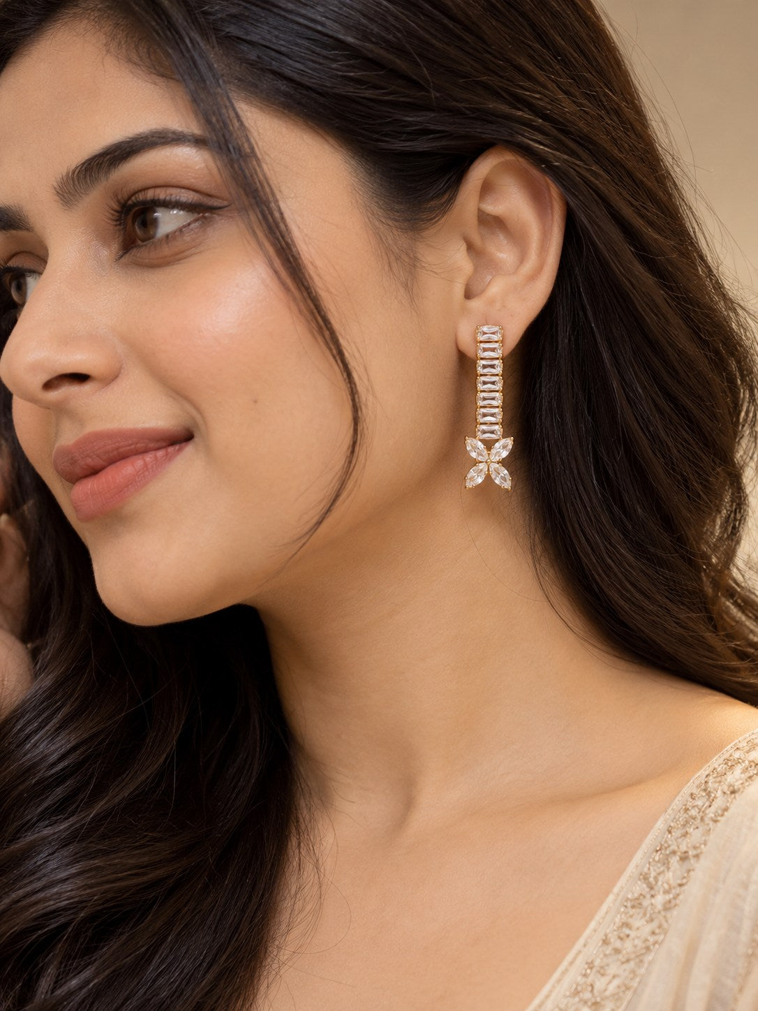Gold Baguette Crystal Bar Drop Earrings