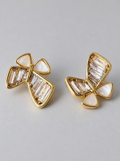 Crystal Baguette & Shell Bow Stud Earrings