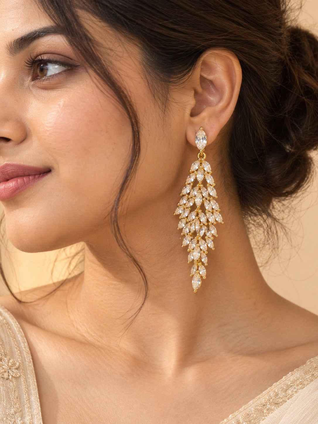Gold Crystal Leaf Chandelier Long Earrings