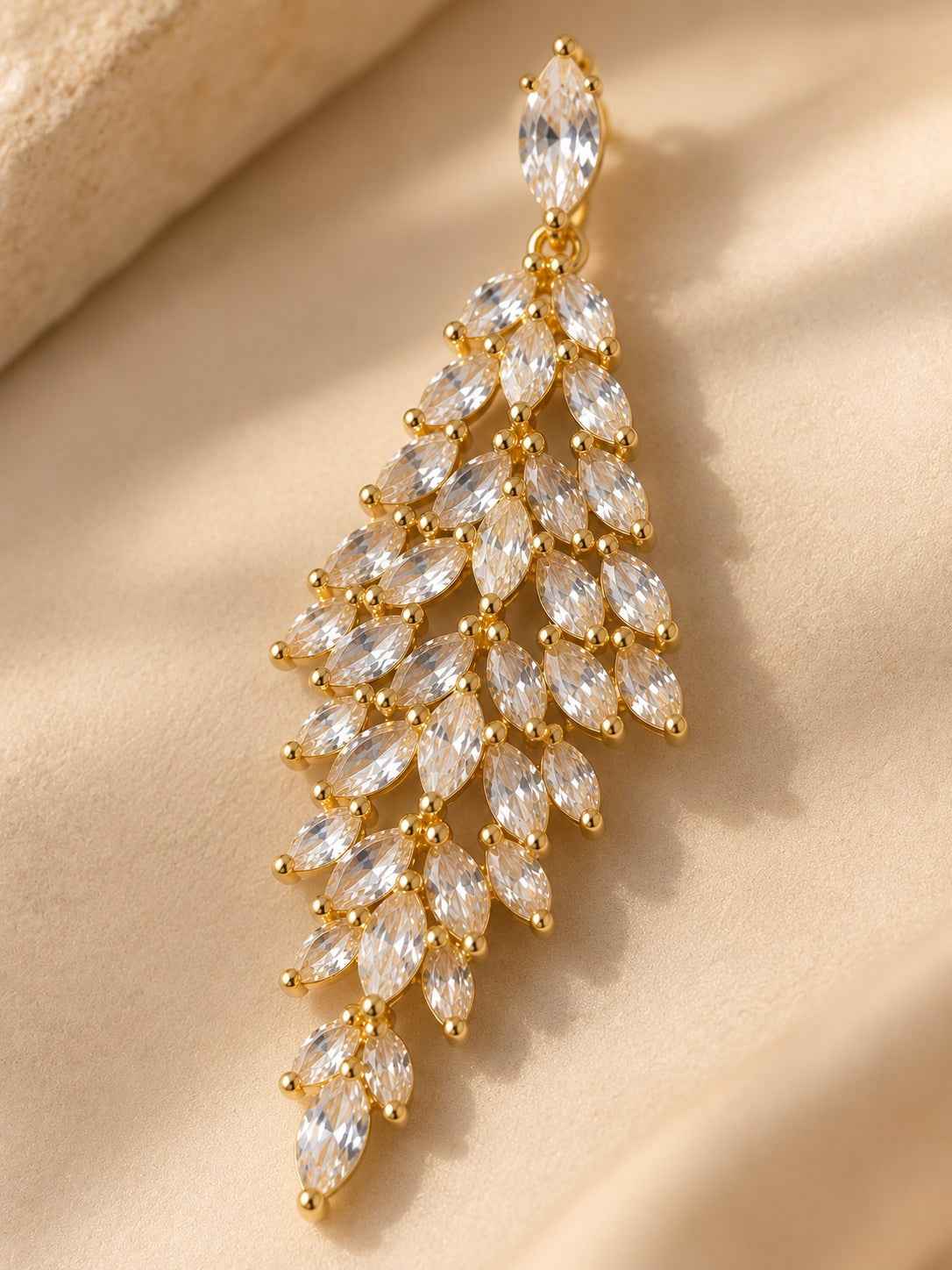 Gold Crystal Leaf Chandelier Long Earrings